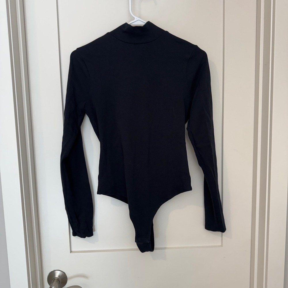 Hill House Black Mock Neck Long Sleeve Bodysuit Size Medium Snap Closure Thong
